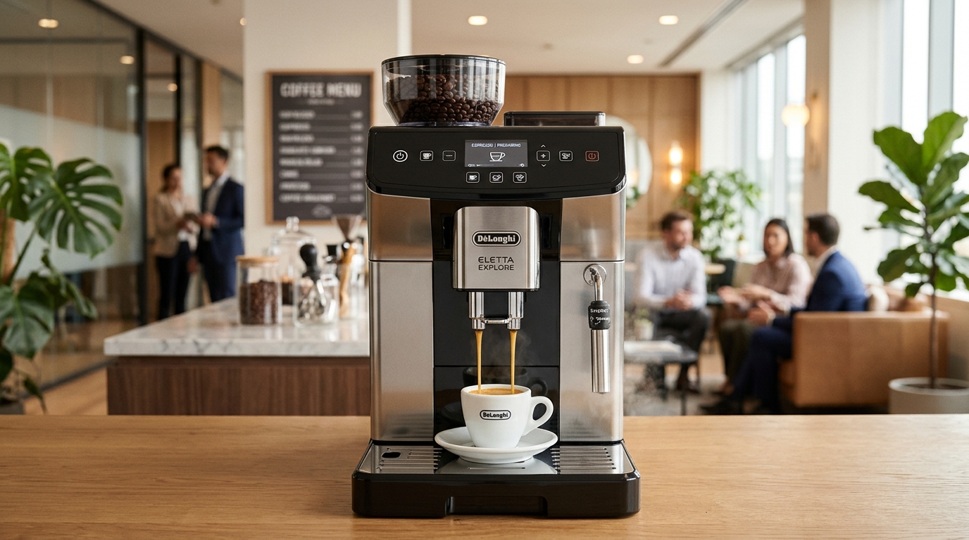 Cafetera superautomática De'Longhi en grano moliendo café en office corporativo