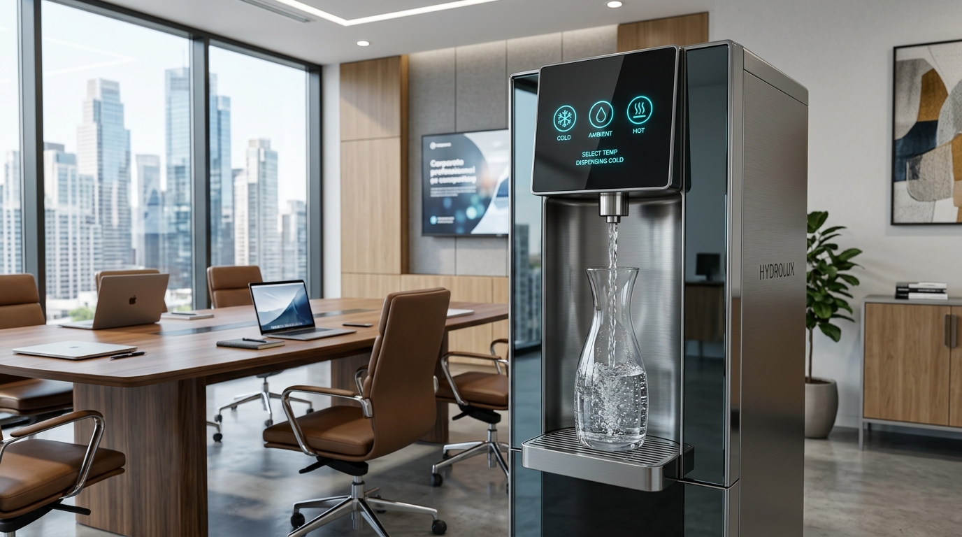 Fuente dispensadora de agua corporativa con pantalla digital y agua fría en oficina