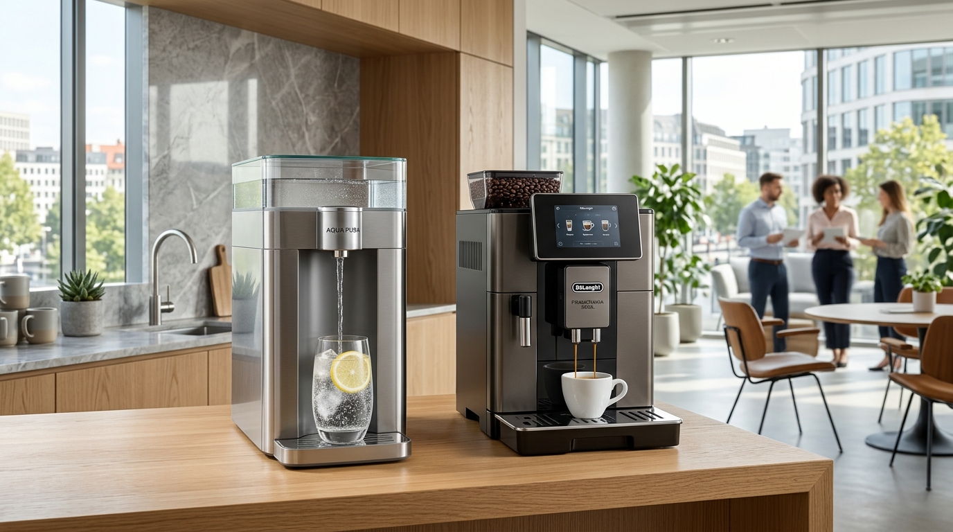 Dispensador de agua corporativo y cafetera De'Longhi en oficina moderna de empresa